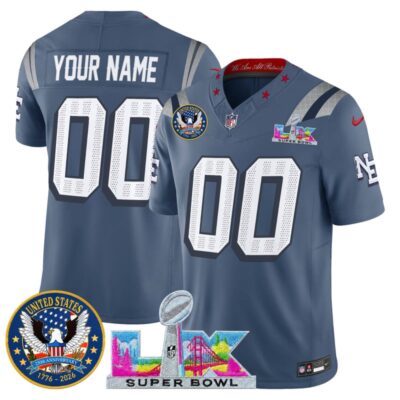New England Patriots "Super Bowl LX & United States 250th Patch" Vapor Limited Custom Stitched Jersey - Storm Blue