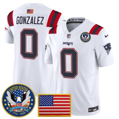 New England Patriots "United States 250th Anniversary Patch" Vapor Limited Jersey - White / Christian Gonzalez