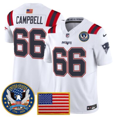 New England Patriots "United States 250th Anniversary Patch" Vapor Limited Jersey - White / Will Campbell