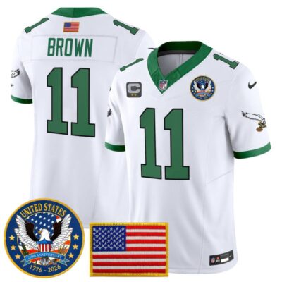 Philadelphia Eagles "United States 250th Anniversary Patch" Vapor Limited Jersey - Kelly White / A.J. Brown