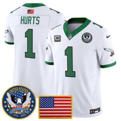 Philadelphia Eagles "United States 250th Anniversary Patch" Vapor Limited Jersey - Kelly White / Jalen Hurts