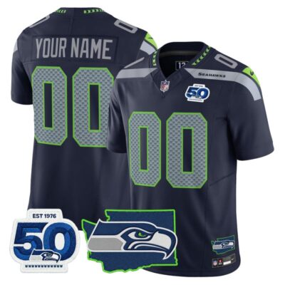 Seattle Seahawks 50th Anniversary Patch Vapor Limited Custom Stitched Jersey - College Navy