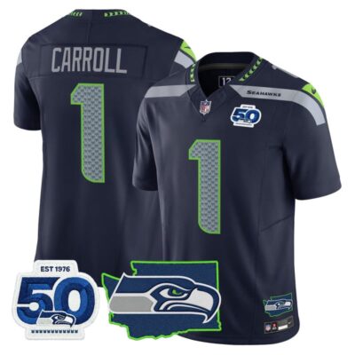 Seattle Seahawks 50th Anniversary Patch Vapor Limited Stitched Jersey - College Navy / Pete Carroll