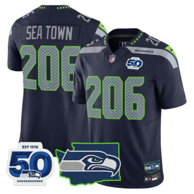 Seattle Seahawks 50th Anniversary Patch Vapor Limited Stitched Jersey - College Navy / Sea Town 206