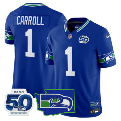 Seattle Seahawks 50th Anniversary Patch Vapor Limited Stitched Jersey - Royal / Pete Carroll