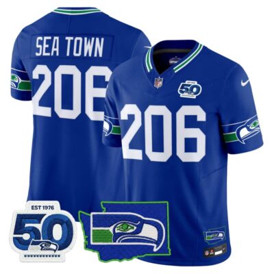 Seattle Seahawks 50th Anniversary Patch Vapor Limited Stitched Jersey - Royal / Sea Town 206