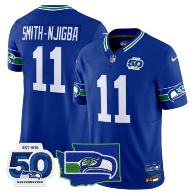 Seattle Seahawks 50th Anniversary Patch Vapor Limited Stitched Jersey - Royal / Smith-Njigba