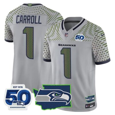 Seattle Seahawks 50th Anniversary Patch Vapor Limited Stitched Jersey - Wolf Gray / Pete Carroll