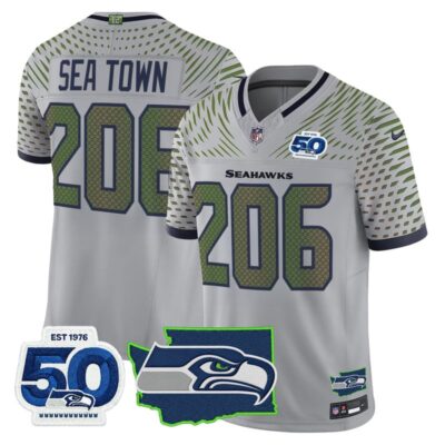 Seattle Seahawks 50th Anniversary Patch Vapor Limited Stitched Jersey - Wolf Gray / Sea Town 206