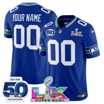 Seattle Seahawks "Super Bowl LX & 50th Patch" Vapor Limited Custom Stitched Jersey - Royal