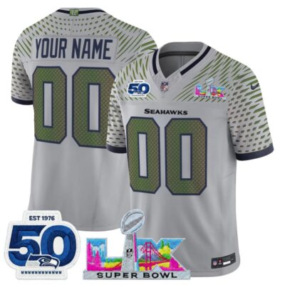 Seattle Seahawks "Super Bowl LX & 50th Patch" Vapor Limited Custom Stitched Jersey - Wolf Gray