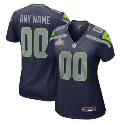 Seattle Seahawks Women's Super Bowl LX Patch Custom Game Jersey - College Navy