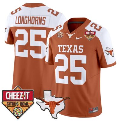 Texas Longhorns 2025 Cheez-It Citrus Bowl Patch Vapor Limited Stitched Jersey - Orange Alternate / #25 Longhorns