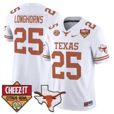 Texas Longhorns 2025 Cheez-It Citrus Bowl Patch Vapor Limited Stitched Jersey - White / #25 Longhorns
