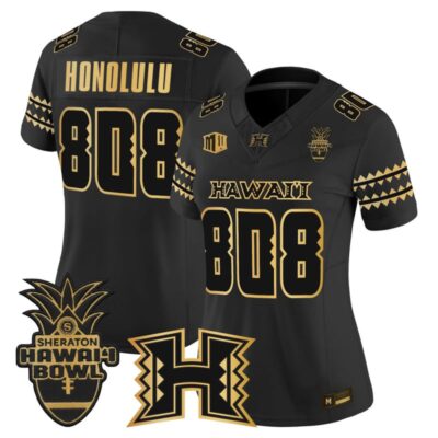 Women's Hawai'i Rainbow Warriors 2025 Hawai'i Bowl Gold Vapor Limited Stitched Jersey - Black Gold / Honolulu 808