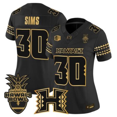Women's Hawai'i Rainbow Warriors 2025 Hawai'i Bowl Gold Vapor Limited Stitched Jersey - Black Gold / Landon Sims