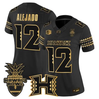 Women's Hawai'i Rainbow Warriors 2025 Hawai'i Bowl Gold Vapor Limited Stitched Jersey - Black Gold / Micah Alejado
