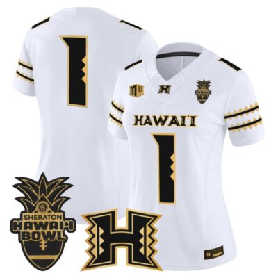 Women's Hawai'i Rainbow Warriors 2025 Hawai'i Bowl Gold Vapor Limited Stitched Jersey - White Gold / #1 Team