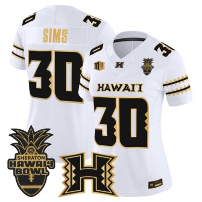 Women's Hawai'i Rainbow Warriors 2025 Hawai'i Bowl Gold Vapor Limited Stitched Jersey - White Gold / Landon Sims