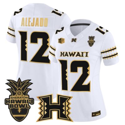 Women's Hawai'i Rainbow Warriors 2025 Hawai'i Bowl Gold Vapor Limited Stitched Jersey - White Gold / Micah Alejado