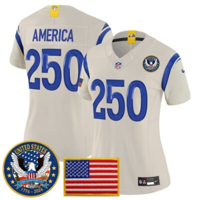 Women's Los Angeles Rams 2025 "United States 250th Anniversary Patch" Vapor Limited Jersey - Bone / #250 America