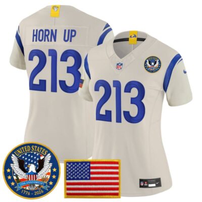 Women's Los Angeles Rams 2025 "United States 250th Anniversary Patch" Vapor Limited Jersey - Bone / Horn Up 213