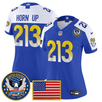Women's Los Angeles Rams 2025 "United States 250th Anniversary Patch" Vapor Limited Jersey - Royal Alternate / Horn Up 213