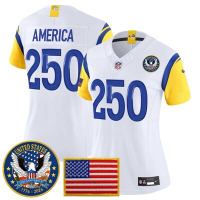 Women's Los Angeles Rams 2025 "United States 250th Anniversary Patch" Vapor Limited Jersey - White / #250 America