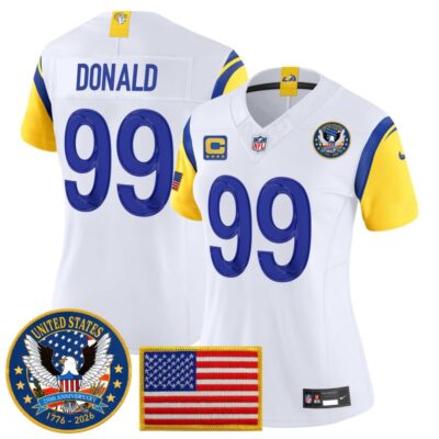 Women's Los Angeles Rams 2025 "United States 250th Anniversary Patch" Vapor Limited Jersey - White / Aaron Donald