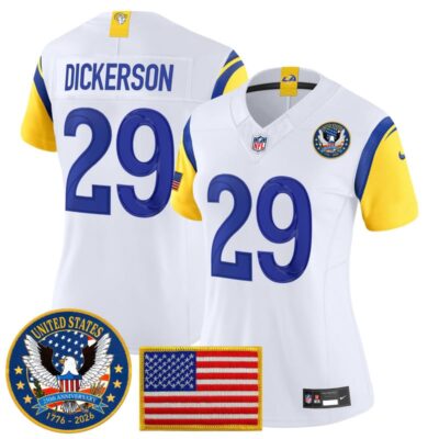 Women's Los Angeles Rams 2025 "United States 250th Anniversary Patch" Vapor Limited Jersey - White / Eric Dickerson