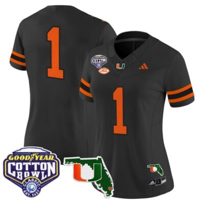 Women's Miami Hurricanes 2025 Cotton Bowl & Florida Patch Vapor Limited Stitched Jersey - Black / #1 Team