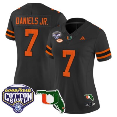 Women's Miami Hurricanes 2025 Cotton Bowl & Florida Patch Vapor Limited Stitched Jersey - Black / CJ Daniels