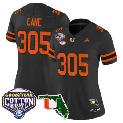 Women's Miami Hurricanes 2025 Cotton Bowl & Florida Patch Vapor Limited Stitched Jersey - Black / Cane 305