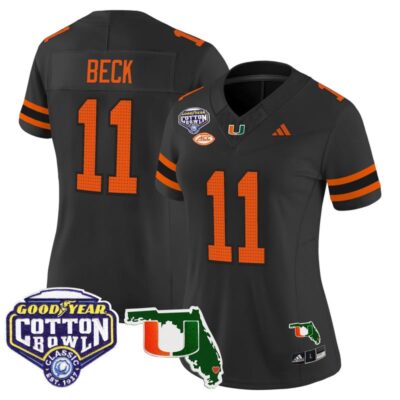 Women's Miami Hurricanes 2025 Cotton Bowl & Florida Patch Vapor Limited Stitched Jersey - Black / Carson Beck