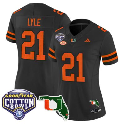 Women's Miami Hurricanes 2025 Cotton Bowl & Florida Patch Vapor Limited Stitched Jersey - Black / Jordan Lyle