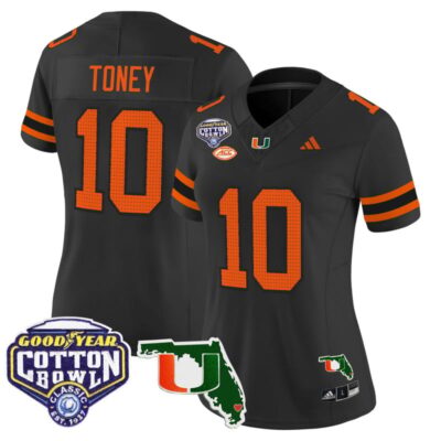 Women's Miami Hurricanes 2025 Cotton Bowl & Florida Patch Vapor Limited Stitched Jersey - Black / Malachi Toney