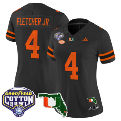 Women's Miami Hurricanes 2025 Cotton Bowl & Florida Patch Vapor Limited Stitched Jersey - Black / Mark Fletcher Jr.