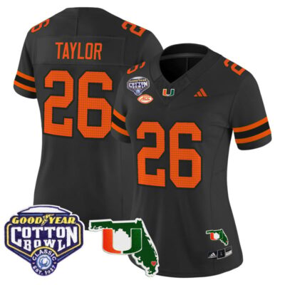 Women's Miami Hurricanes 2025 Cotton Bowl & Florida Patch Vapor Limited Stitched Jersey - Black / Sean Taylor