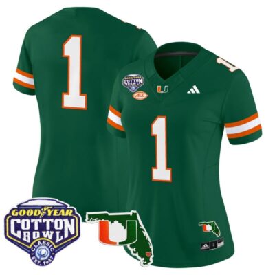 Women's Miami Hurricanes 2025 Cotton Bowl & Florida Patch Vapor Limited Stitched Jersey - Green / #1 Team