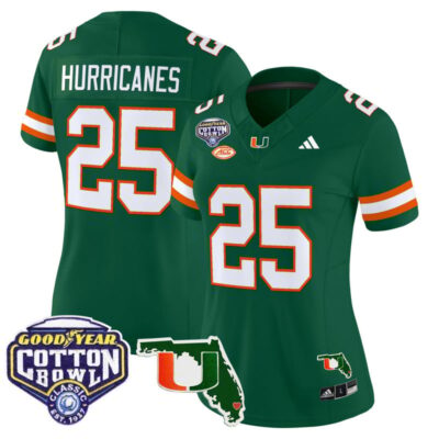 Women's Miami Hurricanes 2025 Cotton Bowl & Florida Patch Vapor Limited Stitched Jersey - Green / #25 Hurricanes