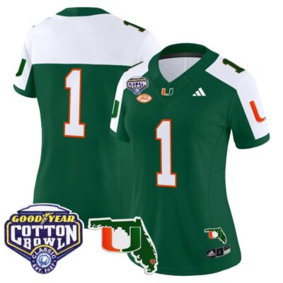 Women's Miami Hurricanes 2025 Cotton Bowl & Florida Patch Vapor Limited Stitched Jersey - Green Alternate / #1 Team