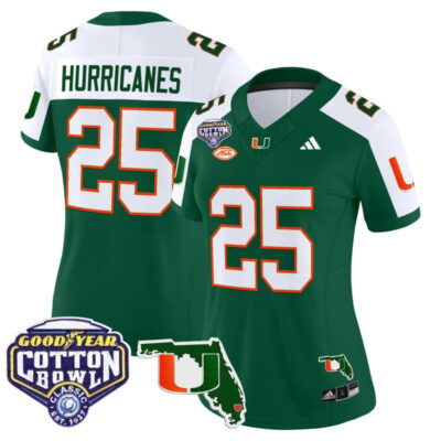 Women's Miami Hurricanes 2025 Cotton Bowl & Florida Patch Vapor Limited Stitched Jersey - Green Alternate / #25 Hurricanes