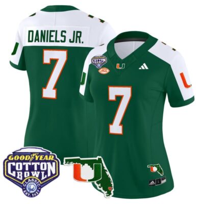 Women's Miami Hurricanes 2025 Cotton Bowl & Florida Patch Vapor Limited Stitched Jersey - Green Alternate / CJ Daniels