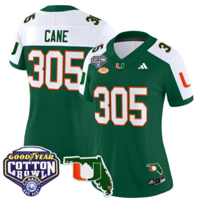 Women's Miami Hurricanes 2025 Cotton Bowl & Florida Patch Vapor Limited Stitched Jersey - Green Alternate / Cane 305