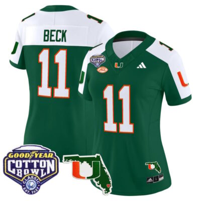 Women's Miami Hurricanes 2025 Cotton Bowl & Florida Patch Vapor Limited Stitched Jersey - Green Alternate / Carson Beck