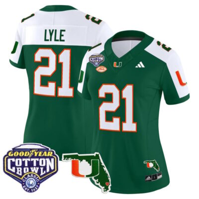Women's Miami Hurricanes 2025 Cotton Bowl & Florida Patch Vapor Limited Stitched Jersey - Green Alternate / Jordan Lyle