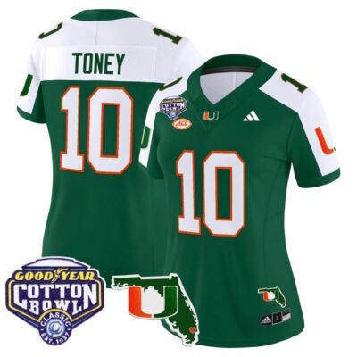 Women's Miami Hurricanes 2025 Cotton Bowl & Florida Patch Vapor Limited Stitched Jersey - Green Alternate / Malachi Toney