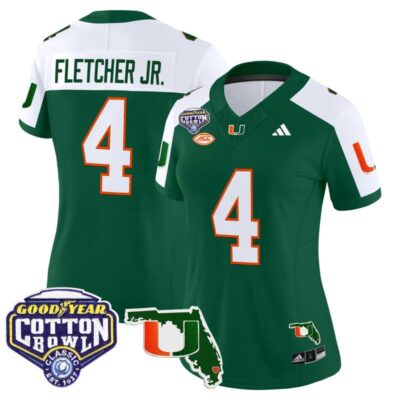 Women's Miami Hurricanes 2025 Cotton Bowl & Florida Patch Vapor Limited Stitched Jersey - Green Alternate / Mark Fletcher Jr.