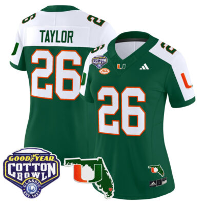Women's Miami Hurricanes 2025 Cotton Bowl & Florida Patch Vapor Limited Stitched Jersey - Green Alternate / Sean Taylor