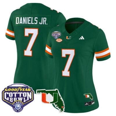Women's Miami Hurricanes 2025 Cotton Bowl & Florida Patch Vapor Limited Stitched Jersey - Green / CJ Daniels